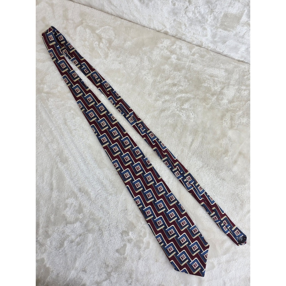 Zylos by George Machado‎ Mens Silk Tie Burgundy Blue Geometric Square Italy USA